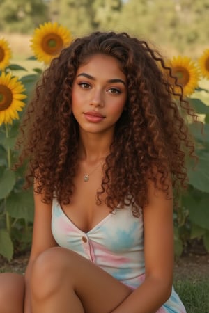 Generate a candid, stunning photo of an 18-year-old girl:

- Blending Black and Spanish heritage
- Fluffy curly brown hair (Type 4), lush and vibrant, long curly hair, middle part

Setting:

- Outside in a garden or park
- Sitting amidst sunflowers and grass
- Warm, natural lighting

Pose:

- Sitting with legs crossed or stretched out
- Leaning against a tree or sunflower
- Lying down in the grass, laughing

Expression:

- Sultry: intense gaze, parted lips
- Playful: giggling, hair toss
- Quirky: duck face, tongue-out

Outfit:

- Tie-dye romper, sneakers, layered necklaces
- Cropped denim jacket, white tee, high-waisted distressed shorts
- Floral maxi dress, sandals, statement earrings

Figure:

- Petite, 5’3”, 125lbs
- Average build

Style:

- Instagram-inspired, casual-chic
- Soft focus, warm filters, natural texture overlays