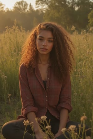 Capture a candid photo of a stunning 18-year-old girl, year-old petite teenager, young, youth, child, kid, blending Black and Spanish heritage. She has fluffy curly brown hair, Type 4 hair, lush and vibrant, long curly hair, middle part. *Setting:* outside, sitting in grass and flowers *Pose:* sitting in a park by grass and sunflowers *Expression:* either Sultry, playful, duck and mischievous. Instagram facial expressions 8Outfit:* -Oversized flannel shirt, black leggings, ankle boots, sneakers *Figure* -Average 5’3”, 125lbs