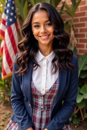 Generate an image of a stunning 18-year-old woman, blending Dominican and Spanish, puerto Rican heritage. She has wild Shirley temple curls, type 3 hair, side part, lush and vibrant, falling in loose waves down her back.

"Describe a private school girl high school, school photo day, portrait, picture day, in a traditional uniform: Wearing a: - White blouse with a conservative collar - Blue with red and white jumper Plaid or pleated skirt ( just above knee or shorter, not too short*) - Navy blue or dark-colored blazer or cardigan - White socks and black shoes (loafers or Mary Janes) Pose: - Sitting with hands clasped or holding a graduation hat or diploma - Soft, gentle smile, with or without teeth Background: - A warm, American flag, full brick background Include details: - Neat, stylish hairstyle (e.g., ponytail, loose hair) - Minimal jewelry (e.g., simple watch, classic earrings, necklace) - Innocent, yet captivating expression Convey a sense of: - Polished elegance - Youthful charm - Intelligent, confident demeanor" To add subtle appeal without revealing skin: - Emphasize the uniform's fitted silhouette - Highlight the subject's bright, expressive eyes - Capture a soft, natural light illuminating the scene