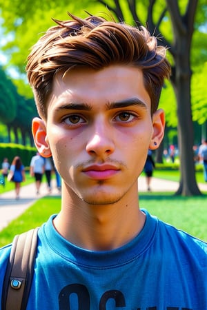 1 boy, (21 years old), short hair, perfect hair, light skin, white, Italian brown, realism, cool, Nonchalant, otside, normal day, walk in the park, selfie, conservative, chad, chizzled, bad boy, thug, mean mug, mean face, Instagram, selfie, handsome, cool, masculine, hard, half body, innocent, happy, young, vibrant, cute, slender/slim body shape, normal size head, head that fits body, high quality, masterpiece , 3D, background of outside, park,