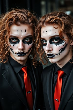 a close-up of two twin American males, white sclera, natural blonde curly curly hair, blonde hair, green eyes, emerald green eyes, skull makeup, black lipstick, muscular, toned males, abs, nose and eye brow piercing, black suit, red tie, horror_theme, posing, outdoors, night, scenery, a photorealistic, 8K, ultra-detailed, best quality, super fine illustration, detailed light, realistic lighting, symmetrical face paint, white and black,Handsome,smiling, mid long hair blonde,giaro,model, twins, two guys, standing near one another, not touching, two normal dude, two heterosexual men