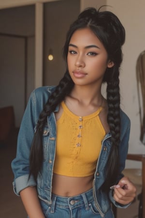 Here's the rewritten prompt in words:

"Create a stunning portrait of an 18-year-old mixed-heritage girl, blending South African and Japanese roots:

- Chilling, hanging out at home, in a coffee shop with her laptop
- Cinnamon, Mocca brown skin with subtle sheen
- Almond-shaped asian eyes, full lips, small button nose, small petite nose, braces, 
- Structured cheek bones, feminine features, 
- Long straight hair in two braids, all hair in braids, light hair out on the side
- Petite, toned physique (5'3", 125 lbs, 34" waist) head fits body, realistic body
- Asian swag, baggy clothes, yellow shirt with a denim jean jacket
- Minimal makeup, natural glow
- Confident pose, bright smile, pearly white teeth

Capture her essence: American girl, mixed race, beautiful blend."

Realistic, photo real, photo realistic, real, braid_dutch