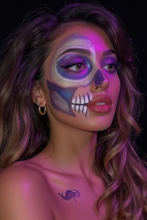 Close-up of a woman with elaborate makeup. Capture a candid photo of a stunning 18-year-old girl, year-old petite teenager, young, youth, child, kid, blending white and Spanish heritage. She has long blonde wavy hair, Skin- fair, olive, green eyes, lush and vibrant, long curly hair


The makeup creates a striking, almost otherworldly effect.  Her face is painted with a design that resembles a skull, with the details of the bones and teeth rendered with intricate colouration.  The colours are vibrant, primarily shades of purple, pink, and hints of blue.  The contrast between the colours and the tones of the makeup is significant. 


Her eyes have a unique, intensified look due to makeup, with large, styled, coloured contact lenses.  Intense lighting and color filters are used to give the face a luminous, almost glowing quality. 


The woman's hair is dark and long, and some of it falls around her shoulders. 


The skin surrounding the painted area displays a noticeable contrast with the highlighted face paint.  There are small, intricate details in the skull makeup, suggesting careful application.  A subtle, patterned design, that's similar to scales or fish skin, is painted on her shoulder and upper chest area. Two earrings are visible. 


The background is entirely dark, drawing attention to the subject’s face and elaborate makeup.,long hair,sama,Sam