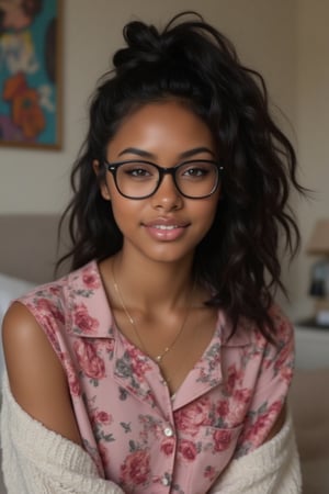 Create a breathtakingly realistic portrait of an 18-year-old mixed-heritage girl, blending South African and Japanese roots:

- Relaxing at home, in her  bedroom  reading a book
- Cinnamon, Mocha brown skin with subtle sheen
- Almond-shaped Asian eyes, full lips, small button nose, small petite nose, braces
- Structured cheekbones, feminine features

*Hair:*

- EXTRA LONG, WAIST-LENGTH DARK HAIR (below the waist)
- LUSH, CURLY LOCKS (tail bone length)
- LONG HAIR, LONG CURLS, FLOWING HAIR
Longer hair, in a pony tail, all hair in pony tail, no hair out

*Physique:*

- Petite, toned (5'3", 125 lbs, 34" waist)
- Proportionate, realistic body

*Outfit:*

- a cute girly pajamas  matching top and bottom

*Accessories:*

- *PRESCRIPTION GLASSES* (black square framed)
- Glasses, specs, eyewear (emphasize)

*Makeup and Pose:*

- Minimal makeup, natural glow
- Confident pose, bright smile, pearly white teeth

*Essence:*

- American girl, mixed race, beautiful blend
- Captivate her relaxed, introvert, care free, home body

*Quality:*

- Realistic, photo-real, photo-realistic, real-life
- High-resolution, ultra-detailed, photorealistic textures
- Razor-sharp edges, crystal-clear facial features, 

Square Shaped prescription glasses on all generates

Why is it so hard for you to make her hair long? Long hair please