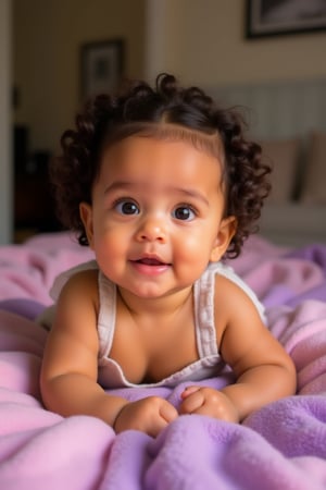 A baby melanated girl with curly hair, baby soft hair, short baby hair, indian brown skin mixed with puerto Rican and Cuban heritage, light brown, black American,

At home in the living room on a baby pink and purple blanket
*Baby's Face:*
Adorable round
Bright curious eyes
Button nose
Plump rosy cheeks
Sweet gentle smile

*Baby's Personality:*
Curious adventurous
Giggly playful
Snuggly affectionate
Happy energetic

*Baby's Features:*
Soft curly hair
Chubby little hands
Tiny feet