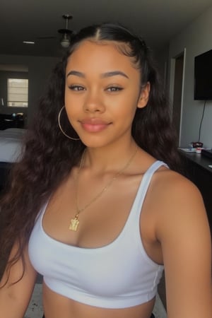 Create a stunning portrait of an 18-year-old mixed-heritage girl, blending South African and Japanese roots:
-  Carmel with subtle sheen
- Almond-shaped asian eyes, full lips, small button nose, small petite nose, braces, 
- Structured cheek bones, feminine features, 
- Long curly hair 
- Petite, toned physique (5'3", 125 lbs, 34" waist) head fits body, realistic body
- Asian swag, modern day outfit, cultured clothing
- Minimal makeup, natural glow
- bright smile, pearly white teeth

Capture her essence: American girl, mixed race, beautiful blend."

Realistic, photo real, photo realistic, real,

Hanging out in her bedroomroom sitting on the bed taking a selfie. Relaxing, chilling