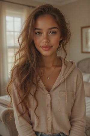 Generate a radiant, hyper-realistic portrait of a stunning teenager:

- Blended Black, Spanish, and White American heritage
- Standing in her cozy bedroom, sitting on a chair
- Heart-shaped face, golden brown skin with a subtle tan
- Bright brown eyes, deep dimples, confident smile
- Pearly whites, small heart-shaped lips
- Thick, long, wavy hair (waist-length) in a ponytail
- Luscious curls, soft natural texture
- Sparkling eyes directly at the camera

Physique:
- 5'3", 125 lbs, 34" waist, B-cup bust
- Proportionate, fit body

Outfit:
- An adorable hoodie with a cool print on it, light blue denim jeans
- Cute, teenage, normal girl design

Lighting:
- Soft, natural illumination

Quality:
- 16K equivalent resolution
- Photorealistic textures
- Razor-sharp edges
- Crystal-clear facial features
- Pin-sharp eyes
- Flawless skin rendering
- Advanced noise reduction
- HDR-like contrast
- Vibrant, lifelike colors
- Perfect focus, zero blur

Style: Ultra-realistic, cinematic, high-definition, masterpiece.

Additional keywords:
- High-res
- Ultra-detailed
- Photorealistic
- Sharp focus
- Crystal clarity
- Cinematic quality
- Radiant
- Glowing
- Luminous
- Highly detailed skin
- Intricately detailed hair"