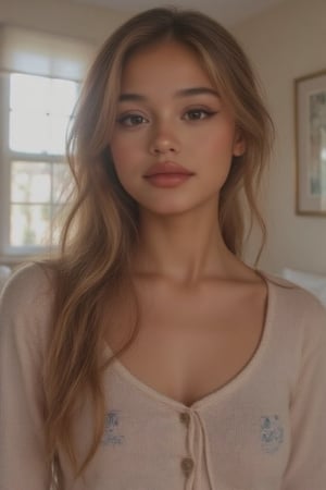 Generate a radiant, hyper-realistic portrait of a stunning teenager:

- Blended Black, Spanish, and White American heritage
- Standing in her cozy bedroom, sitting on a chair
- Heart-shaped face, golden brown skin with a subtle tan
- Bright brown eyes, deep dimples, confident smile
- Pearly whites, small heart-shaped lips
- Thick, long, wavy hair (waist-length) in a ponytail
- Luscious curls, soft natural texture
- Sparkling eyes directly at the camera

Physique:
- 5'3", 125 lbs, 34" waist, B-cup bust
- Proportionate, fit body

Outfit:
- An adorable hoodie with a cool print on it, light blue denim jeans
- Cute, teenage, normal girl design

Lighting:
- Soft, natural illumination

Quality:
- 16K equivalent resolution
- Photorealistic textures
- Razor-sharp edges
- Crystal-clear facial features
- Pin-sharp eyes
- Flawless skin rendering
- Advanced noise reduction
- HDR-like contrast
- Vibrant, lifelike colors
- Perfect focus, zero blur

Style: Ultra-realistic, cinematic, high-definition, masterpiece.

Additional keywords:
- High-res
- Ultra-detailed
- Photorealistic
- Sharp focus
- Crystal clarity
- Cinematic quality
- Radiant
- Glowing
- Luminous
- Highly detailed skin
- Intricately detailed hair"