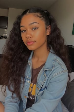 Create a stunning portrait of an 18-year-old mixed-heritage girl, blending South African and Japanese roots:
-  Carmel with subtle sheen
- Almond-shaped asian eyes, full lips, small button nose, small petite nose, braces, 
- Structured cheek bones, feminine features, 
- Long curly hair 
- Petite, toned physique (5'3", 125 lbs, 34" waist) head fits body, realistic body
- Asian swag, baggy clothes, brown shirt with a denim jean jacket
- Minimal makeup, natural glow
- bright smile, pearly white teeth

Capture her essence: American girl, mixed race, beautiful blend."

Realistic, photo real, photo realistic, real,

Hanging out in her room sitting on the bed. Relaxing, chilling