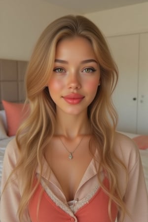 Generate a radiant, hyper-realistic portrait of a stunning teenager: - Heart-shaped face with a feminine structured rosy red jawline - Green eyes, fair, olive skin- Blonde hair (loose, wavy, curled and vibrant) - Rosy red lips (plump and inviting) - Freckled cheeks (scattered across her nose and upper cheeks) - Button nose (small and adorable) - Almond-shaped eyes (slightly tilted upwards) - Porcelain-like skin with a subtle golden glow - Thick, long, wavy blonde hair, natural blonde (waist-length) in a ponytail - Luscious curls, soft natural texture - Sparkling eyes directly at the camera Physique: - 5'3", 125 lbs, 34" waist, B-cup bust - Proportionate, fit body Outfit: - school uniform, skirt,  Bright red and white - Cute, teenage, normal girl design