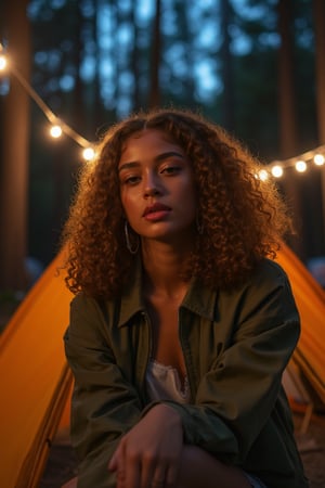 Generate an image of a stunning 18-year-old petite teenager, young, youth, child, kid, blending Black and Spanish heritage. She has fluffy curly golden brown hair, Type 4 hair, lush and vibrant, falling in loose waves down her back.

Setting:
- Outdoor: A serene forest campsite with a tent at dusk
- Soft, warm lighting with subtle shadows and twinkling string lights
- Tall trees surrounding a cozy clearing, with a crackling campfire and rustic wooden benches
- Camping gear and equipment subtly integrated into the scene

Physical Description:
- Fair skin with a subtle, sun-kissed glow
- Bright, expressive hazel eyes

Outfit:
- Comfortable, green earth-toned camping shirt (flannel or fleece)
- Practical hiking pants or leggings
- Warm, cozy camping jacket or hoodie
- Sturdy hiking boots

Style:
-Effortless, coastal chic
- Confident, carefree, innocent pose

Mood:
- Serene, joyful, and radiant
- Capturing the essence of a relaxed summer afternoon
Inspired by singer Tyla's vibrant energy and style, create a breathtaking image that embodies beauty, elegance, and a laid-back coastal vibe.