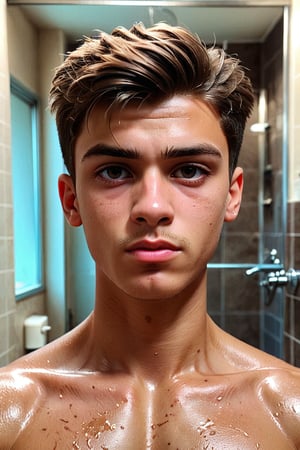 1 boy, (21 years old), short hair, perfect hair, light skin, white, Italian brown, realism, cool, Nonchalant, home, bathroom, conservative, chad, chizzled, bad boy, thug, mean mug, mean face, Instagram, selfie, handsome, cool, masculine, hard, innocent, happy, young, vibrant, cute, slender/slim body shape, normal size head, head that fits body, high quality, masterpiece , 3D, background of home, back up from the camera, half body, upper torso, stomach, chest,