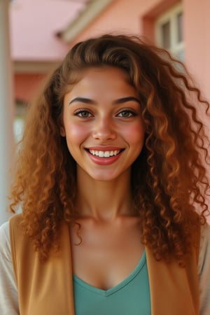 Capture a candid photo of a stunning 18-year-old girl, year-old petite teenager, young, youth, child, kid, blending Black and Spanish heritage. She has fluffy curly brown hair, Type 4 hair, lush and vibrant, long curly hair, middle part. *Softened Square Features:* 1. "Strong, yet delicate square jawline." 2. "Angular features softened by gentle curves." 3. "Square head shape with rounded edges." 4. "Feminine square face with subtle, refined lines." Describe a stunning golden brown girl with: - Curly, golden brown hair - Bright hazel eyes - button nose - Full, heart-shaped lips - Warm, radiant complexion" *Setting:* - Natural light (near a window or outside) - Soft, pastel-colored background (optional) - Minimal distractions *Pose:* - Relaxed, slight smile - Chin slightly tilted up - Shoulders back, confident posture - Hair styled naturally *Expression:* - Genuine, warm smile - Sparkling eyes - Subtle, natural makeup (optional) *Outfit* -  a long sleeve shirt and a vest *Style Influences:* - Soft focus or subtle filter - Natural colors and lighting - Authentic, effortless vibe *Capture:* - A moment of self-love and confidence - A glimpse of your personality - A beautiful, genuine smile *Figure*-Average 5’3”, 115lbs,- "High-res" - "Ultra-detailed" - "Photorealistic" - "Sharp focus" - "Crystal clarity" - "Cinematic quality"