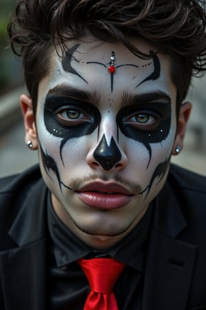 a close-up of a spanish American male, white sclera, natural curly hair, brown/black hair, light brown eyes, hazel eyes, skull makeup, black lipstick, muscular, toned male, abs, nose and eye brow piercing, black suit, red tie, horror_theme, posing, outdoors, night, scenery, a photorealistic, 8K, ultra-detailed, best quality, super fine illustration, detailed light, realistic lighting, symmetrical face paint, white and black,Handsome,Amari,mixed race,Spanish,full lips handsomeAmari