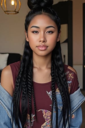 Here's the rewritten prompt in words:

"Create a stunning portrait of an 18-year-old mixed-heritage girl, blending South African and Japanese roots:

- Chilling, hanging out at home, in a coffee shop with her laptop
- Cinnamon, Mocca brown skin with subtle sheen
- Almond-shaped asian eyes, full lips, small button nose, small petite nose, braces, 
- Structured cheek bones, feminine features, 
- Long straight hair in two braids, all hair in braids, light hair out on the side
- Petite, toned physique (5'3", 125 lbs, 34" waist) head fits body, realistic body
- Asian swag, baggy clothes, maroon shirt with a denim jean jacket
- Minimal makeup, natural glow
- Confident pose, bright smile, pearly white teeth

Capture her essence: American girl, mixed race, beautiful blend."

Realistic, photo real, photo realistic, real, braid_dutch