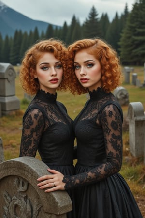 "Capture a candid photo of a two stunning 18-year-old twins, blending White and Spanish heritage. Olive, goldfish skin tone. Blue eyes, Tenerife sea eyes, they has short, shoulder length, strawberry blonde, ginger, natural, Ed sheerans hair, curly, wavy hair, Shirley temple curls, hair parted in the middle going towards the back, back hair falls down near face, lush and vibrant, 2 girls

In the depths of a forsaken, rural cemetery, a mysterious young vampire twin girls with raven-black hair and piercing, crimson-rimmed eyes sits atop a weathered tombstone, their slender fingers tracing the epitaph of a long-forgotten soul. Adorned in a tattered, black Victorian dress that falls above her knees, they gaze down at the freshly disturbed earth before her, where a withered hand breaks through the soil, as if summoned by her dark presence. The overcast sky casts an eerie, silver glow upon her porcelain skin, illuminating the intricate, gothic lace that adorns her neck and wrists. A subtle, mischievous smile plays on her lips as she contemplates the ancient power stirring beneath her. The air is heavy with the scent of damp earth and decay, and the trees seem to lean in, as if witnessing the awakening of a centuries-old evil.",blue eyes,Amyra,American girl,mixed race,SamSam, Samira, Samiya