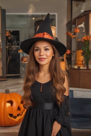 Halloween, Halloween costume, Halloween town witch, witch_costume, friendly, adorable, Halloween themes, indoors, decorations, decor, trick or treat,Halloween style, at a Halloween party, Ariya,hazel eyes,deep dimples,golden brown skin,long wavy hair