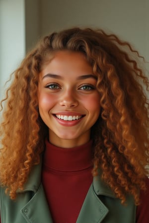 Capture a candid photo of a stunning 18-year-old girl, year-old petite teenager, young, youth, child, kid, blending Black and Spanish heritage. She has fluffy curly brown hair, Type 4 hair, lush and vibrant, long curly hair, middle part. *Softened Square Features:* 1. "Strong, yet delicate square jawline." 2. "Angular features softened by gentle curves." 3. "Square head shape with rounded edges." 4. "Feminine square face with subtle, refined lines." Describe a stunning golden brown girl with: - Curly, golden brown hair - Bright hazel eyes - button nose - Full, heart-shaped lips - Warm, radiant complexion" *Setting:* - Natural light (near a window or outside) - Soft, pastel-colored background (optional) - Minimal distractions *Pose:* - Relaxed, slight smile - Chin slightly tilted up - Shoulders back, confident posture - Hair styled naturally *Expression:* - Genuine, warm smile - Sparkling eyes - Subtle, natural makeup (optional) *Outfit* -  a long sleeve burgundy turtle neck and a green vest *Style Influences:* - Soft focus or subtle filter - Natural colors and lighting - Authentic, effortless vibe *Capture:* - A moment of self-love and confidence - A glimpse of your personality - A beautiful, genuine smile *Figure*-Average 5’3”, 115lbs,- "High-res" - "Ultra-detailed" - "Photorealistic" - "Sharp focus" - "Crystal clarity" - "Cinematic quality"