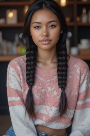 Here's the rewritten prompt in words:

"Create a stunning portrait of an 18-year-old mixed-heritage girl, blending South African and Japanese roots:

- Chilling, hanging out at home, in a coffee shop with her laptop
- Cinnamon, Mocca brown skin with subtle sheen
- Almond-shaped asian eyes, full lips, small button nose, small petite nose, braces, 
- Structured cheek bones, feminine features, 
- Long straight hair in two braids, all hair in braids, light hair out on the side
- Petite, toned physique (5'3", 125 lbs, 34" waist) head fits body, realistic body
- Asian swag, baggy clothes, pink and white sweater, blue baggy pants
- Minimal makeup, natural glow
- Confident pose, bright smile, pearly white teeth

Capture her essence: American girl, mixed race, beautiful blend."

Realistic, photo real, photo realistic, real, braid_dutch