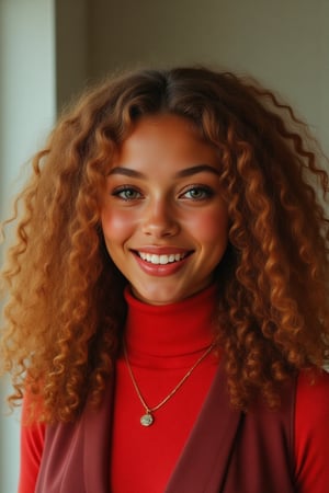 Capture a candid photo of a stunning 18-year-old girl, year-old petite teenager, young, youth, child, kid, blending Black and Spanish heritage. She has fluffy curly brown hair, Type 4 hair, lush and vibrant, long curly hair, middle part. *Softened Square Features:* 1. "Strong, yet delicate square jawline." 2. "Angular features softened by gentle curves." 3. "Square head shape with rounded edges." 4. "Feminine square face with subtle, refined lines." Describe a stunning golden brown girl with: - Curly, golden brown hair, dark brown hair- Bright hazel eyes - button nose - Full, heart-shaped lips - Warm, radiant complexion" *Setting:* - Natural light (near a window or outside) - Soft, pastel-colored background (optional) - Minimal distractions *Pose:* - Relaxed, slight subtle smile - Chin slightly tilted up - Shoulders back, confident posture - Hair styled naturally *Expression:* - Genuine, closed lips - Sparkling eyes - Subtle, natural makeup (optional) *Outfit* -  a long sleeve    red turtle neck and a burgundy vest *Style Influences:* - Soft focus or subtle filter - Natural colors and lighting - Authentic, effortless vibe *Capture:* - A moment of self-love and confidence - A glimpse of your personality - *Figure*-Average 5’3”, 115lbs,- "High-res" - "Ultra-detailed" - "Photorealistic" - "Sharp focus" - "Crystal clarity" - "Cinematic quality"