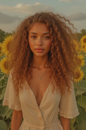 Generate a candid, stunning photo of an 18-year-old girl:

- Blending Black and Spanish heritage
- Fluffy curly brown hair (Type 4), lush and vibrant, long curly hair, middle part

Setting:

- Outside in a garden or park
- Sitting amidst sunflowers and grass
- Warm, natural lighting

Pose:

- Sitting with legs crossed or stretched out
- Leaning against a tree or sunflower
- Lying down in the grass, laughing

Expression:

- Sultry: intense gaze, parted lips
- Playful: giggling, hair toss
- Quirky: duck face, tongue-out

Outfit:

- Tie-dye romper, sneakers, layered necklaces
- Cropped denim jacket, white tee, high-waisted distressed shorts
- Floral maxi dress, sandals, statement earrings

Figure:

- Petite, 5’3”, 125lbs
- Average build

Style:

- Instagram-inspired, casual-chic
- Soft focus, warm filters, natural texture overlays