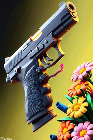 Clean Cartoon-brushstrokes Painting, crisp, simple, colored_lineart_illustration style, realistic, realism, 3D Cartoon, 3D Art, vibrant colors, p226 sig sauer pistol, pistol covered in flowers, gun, no humans, handgun, art, beautiful, gallery, 3D, black gun, colorful flowers,