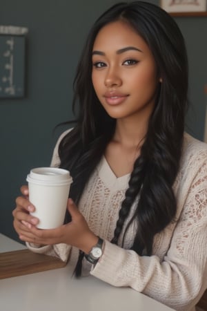 Here's the rewritten prompt in words:

"Create a stunning portrait of an 18-year-old mixed-heritage girl, blending South African and Japanese roots:

- Chilling, hanging out at home, in a coffee shop with her laptop
- Cinnamon, Mocca brown skin with subtle sheen
- Almond-shaped asian eyes, full lips, small button nose, small petite nose, braces, 
- Structured cheek bones, feminine face, feminine features, skinny face
- Long straight hair in two braids, all hair in braids, light hair out on the side
- Petite, toned physique (5'3", 125 lbs, 34" waist) head fits body, realistic body
- Asian swag, baggy clothes
- Minimal makeup, natural glow
- Confident pose, bright smile, pearly white teeth

Capture her essence: American girl, mixed race, beautiful blend."

Realistic, photo real, photo realistic, real, braid_dutch