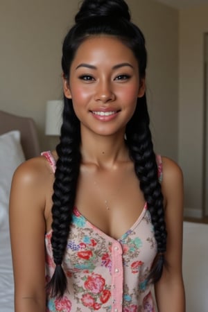 Here's the rewritten prompt in words:

"Create a stunning portrait of an 18-year-old mixed-heritage girl, blending South African and Japanese roots:

- Chilling, hanging out at home, in  her bedroom with her laptop
- Cinnamon, Mocca brown skin with subtle sheen
- Almond-shaped asian eyes, full lips, small button nose, small petite nose, braces, 
- Structured cheek bones, feminine features, 
- Long straight hair in two braids, all hair in braids, light hair out on the side
- Petite, toned physique (5'3", 125 lbs, 34" waist) head fits body, realistic body
- Chic pajamas
- Minimal makeup, natural glow
- Confident pose, bright smile, pearly white teeth

Capture her essence: American girl, mixed race, beautiful blend."

Realistic, photo real, photo realistic, real