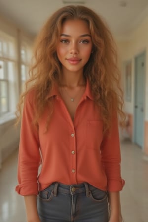 Generate a radiant, hyper-realistic portrait of a stunning teenager:

- Blended Black, Spanish, and White American heritage
- school, bright and colorful halls
- Heart-shaped face, golden brown skin with a subtle tan
- Bright brown eyes, deep dimples, confident smile
- Pearly whites, small heart-shaped lips
- Thick, long, wavy hair (waist-length) in a ponytail
- Luscious curls, soft natural texture
- Sparkling eyes directly at the camera

Physique:
- 5'3", 125 lbs, 34" waist, B-cup bust
- Proportionate, fit body

Outfit:
- bright red shirt with dark blue denim jeans
- Cute, teenage,