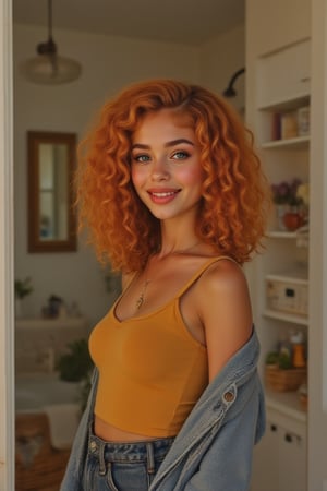 Capture a candid photo of a stunning 18-year-old girl, blending White and Spanish heritage. Olive, goldfish skin tone. Blue eyes, Tenerife sea eyes, She has short, shoulder length, strawberry blonde, ginger, natural, Ed sheerans hair, curly, wavy hair, Shirley temple curls, lush and vibrant,

* Relaxed and radiant, she lounges at home, family home, in the bathroom taking a selfie smiling with teeth

Style:* - A yellow, red, od green, blue, or purple pastel shirt tucked into high waist denim dark blue jeans, and a denim jean jacket to match - small necklace, and earrings to match - Minimal makeup, natural beauty

Real, realistic, photo real