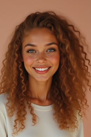 Capture a candid photo of a stunning 18-year-old girl, year-old petite teenager, young, youth, child, kid, blending Black and Spanish heritage. She has fluffy curly brown hair, Type 4 hair, lush and vibrant, long curly hair, middle part. *Softened Square Features:* 1. "Strong, yet delicate square jawline." 2. "Angular features softened by gentle curves." 3. "Square head shape with rounded edges." 4. "Feminine square face with subtle, refined lines." Describe a stunning golden brown girl with: - Curly, golden brown hair - Bright hazel eyes - button nose - Full, heart-shaped lips - Warm, radiant complexion" *Setting:* - Natural light (near a window or outside) - Soft, pastel-colored background (optional) - Minimal distractions *Pose:* - Relaxed, slight smile - Chin slightly tilted up - Shoulders back, confident posture - Hair styled naturally *Expression:* - Genuine, warm smile - Sparkling eyes - Subtle, natural makeup (optional) *Outfit* -  a white and red pill over hoodie *Style Influences:* - Soft focus or subtle filter - Natural colors and lighting - Authentic, effortless vibe *Capture:* - A moment of self-love and confidence - A glimpse of your personality - A beautiful, genuine smile *Figure*-Average 5’3”, 115lbs,- "High-res" - "Ultra-detailed" - "Photorealistic" - "Sharp focus" - "Crystal clarity" - "Cinematic quality"