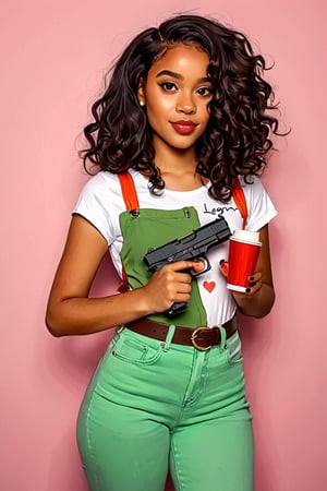 Clean Cartoon-brushstrokes Painting, crisp, simple, colored_lineart_illustration style, 1 woman, carrying a p226 legion, compact, Sig Sauer, holster, EDC, civilian  (21 years old), melanated female, brown skin, brown skin, black, brown girl, type 4 hair, curly hair, realism, seductive, sexy, B cup size, small breast, innocent, promiscuous, feminine, innocent, whimsical, happy, young, vibrant, adorable, slender/petite body shape, normal size head, head that fits body, regular clothes, high quality, masterpiece, background or suburbs, realism, realistic, real photo,fkf