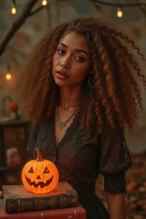 Capture a candid photo of a stunning 18-year-old girl, year-old petite teenager, young, youth, child, kid, blending Black and Spanish heritage. She has fluffy curly brown hair, Type 4 hair, lush and vibrant, long curly hair, middle part. Fashionable style with a mix of innocence and edge Halloween hot Witch Prompt: Embodying the spirit of a modern, edgy witch, sweet nice witch for Halloween. Wearing red and black. casts a spell of allure at a mystical, autumnal setting, pumpkins, holiday white lights and Halloween theme. Clad in a flowy black & green dress witch costume with subtle lace details, chunky boots, and statement witchy accessories. Her afro curls are adorned with subtle, glittering silver threads, while bold, smoky eyes and dark lip color add to her enchanting gaze. A sprinkle of freckles across her cheeks and nose adds a touch of whimsy. Pose inspirations: - Gazing into a glowing crystal ball - standing atop a mystical, ancient tome - Conjuring magic with a wand Style influences: - Dark, moody aesthetics with pops of autumnal color - Witchy, mystical symbols and textures - Edgy, avant-garde fashion with a touch of elegance.
*Figure*
-Average
5’3”, 115lbs