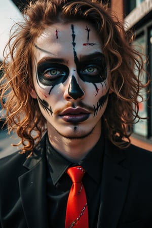 a close-up of an American male, white sclera, natural blonde curly curly hair, blonde hair, green eyes, emerald green eyes, skull makeup, black lipstick, muscular, toned male, abs, nose and eye brow piercing, black suit, red tie, horror_theme, posing, outdoors, night, scenery, a photorealistic, 8K, ultra-detailed, best quality, super fine illustration, detailed light, realistic lighting, symmetrical face paint, white and black,Handsome,mid long hair blonde,giaro,model