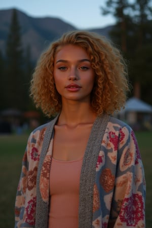 Generate an image of a stunning 18-year-old girl, blending White and Spanish heritage. Olive, goldfish skin tone. She has short, shoulder length, strawberry blonde, ginger, natural, Ed sheerans hair, curly, wavy hair, lush and vibrant, falling in loose waves down her back.

Setting:
- Outdoor: A serene mountain campsite at dusk, mountain view
- Soft, warm lighting with subtle shadows and twinkling string lights
- Tall trees surrounding a cozy clearing, with a crackling campfire and rustic wooden benches
- Camping gear and equipment subtly integrated into the scene

Physical Description:
- Fair skin with a subtle, sun-kissed glow, olive goldish skin tone
- Bright, expressive blue eyes
- Petite, thin,
- Smiling
- slim feminine beautiful exotic facial features 
- regular lips

Outfit:
- Comfortable, fitted pastel top (flannel or fleece)
- Practical hiking pants
- Warm, cozy knitted cardigan

Style:
-Effortless, coastal chic
- Confident, carefree, innocent pose

Mood:
- Serene, joyful, and radiant
- Capturing the essence of a relaxed summer afternoon
Inspired by singer Tyla's vibrant energy and style, create a breathtaking image that embodies beauty, elegance, and a laid-back coastal vibe.