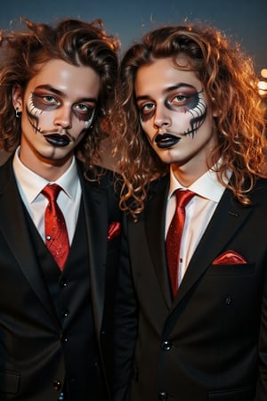 a close-up of two twin American males, white sclera, natural blonde curly curly hair, blonde hair, green eyes, emerald green eyes, skull makeup, black lipstick, muscular, toned males, abs, nose and eye brow piercing, black suit, red tie, horror_theme, posing, outdoors, night, scenery, a photorealistic, 8K, ultra-detailed, best quality, super fine illustration, detailed light, realistic lighting, symmetrical face paint, white and black,Handsome,smiling, mid long hair blonde,giaro,model, twins, two guys, standing near one another, not touching, two normal dude, two heterosexual men