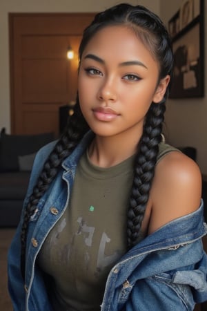 Here's the rewritten prompt in words:

"Create a stunning portrait of an 18-year-old mixed-heritage girl, blending South African and Japanese roots:

- Chilling, hanging out at home, in a coffee shop with her laptop
- Cinnamon, Mocca brown skin with subtle sheen
- Almond-shaped asian eyes, full lips, small button nose, small petite nose, braces, 
- Structured cheek bones, feminine features, 
- Long straight hair in two braids, all hair in braids, light hair out on the side
- Petite, toned physique (5'3", 125 lbs, 34" waist) head fits body, realistic body
- Asian swag, baggy clothes, od green shirt with a denim jean jacket
- Minimal makeup, natural glow
- Confident pose, bright smile, pearly white teeth

Capture her essence: American girl, mixed race, beautiful blend."

Realistic, photo real, photo realistic, real, braid_dutch