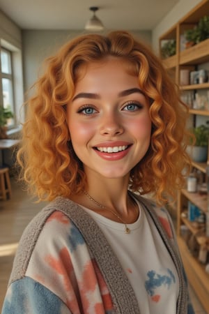 Capture a candid photo of a stunning 18-year-old girl, blending White and Spanish heritage. Olive, goldfish skin tone. Blue eyes, Tenerife sea eyes, She has short, shoulder length, strawberry blonde, ginger, natural, Ed sheerans hair, curly, wavy hair, Shirley temple curls, hair parted in the middle going towards the back, back hair falls down near face, lush and vibrant,

* Relaxed and radiant, she  at school, high school, in the  clear room taking a selfie smiling with teeth

Style:* - Tie-dye hoodie, distressed denim shorts, sneakers, bag pack - small necklace, and earrings to match - Minimal makeup, natural beauty

Real, realistic, photo real