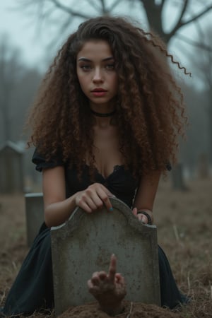 "Capture a candid photo of a stunning 18-year-old girl, year-old petite teenager, young, youth, child, kid, blending Black and Spanish heritage. She has fluffy curly brown hair, Type 4 hair, lush and vibrant, long curly hair, middle part.

In the depths of a forsaken, rural cemetery, a mysterious young vampire girl with raven-black hair and piercing, crimson-rimmed eyes sits atop a weathered tombstone, her slender fingers tracing the epitaph of a long-forgotten soul. Adorned in a tattered, black Victorian dress that falls above her knees, she gazes down at the freshly disturbed earth before her, where a withered hand breaks through the soil, as if summoned by her dark presence. The overcast sky casts an eerie, silver glow upon her porcelain skin, illuminating the intricate, gothic lace that adorns her neck and wrists. A subtle, mischievous smile plays on her lips as she contemplates the ancient power stirring beneath her. The air is heavy with the scent of damp earth and decay, and the trees seem to lean in, as if witnessing the awakening of a centuries-old evil."