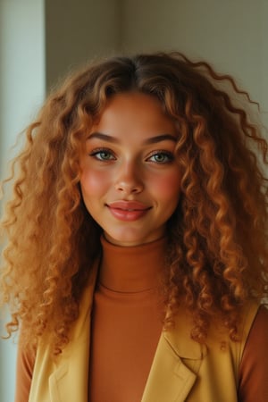 Capture a candid photo of a stunning 18-year-old girl, year-old petite teenager, young, youth, child, kid, blending Black and Spanish heritage. She has fluffy curly brown hair, Type 4 hair, lush and vibrant, long curly hair, middle part. *Softened Square Features:* 1. "Strong, yet delicate square jawline." 2. "Angular features softened by gentle curves." 3. "Square head shape with rounded edges." 4. "Feminine square face with subtle, refined lines." Describe a stunning golden brown girl with: - Curly, golden brown hair, dark brown hair- Bright hazel eyes - button nose - Full, heart-shaped lips - Warm, radiant complexion" *Setting:* - Natural light (near a window or outside) - Soft, pastel-colored background (optional) - Minimal distractions *Pose:* - Relaxed, slight subtle smile - Chin slightly tilted up - Shoulders back, confident posture - Hair styled naturally *Expression:* - Genuine, closed lips - Sparkling eyes - Subtle, natural makeup (optional) *Outfit* -  a long sleeve  brown turtle neck and a yellow vest *Style Influences:* - Soft focus or subtle filter - Natural colors and lighting - Authentic, effortless vibe *Capture:* - A moment of self-love and confidence - A glimpse of your personality - *Figure*-Average 5’3”, 115lbs,- "High-res" - "Ultra-detailed" - "Photorealistic" - "Sharp focus" - "Crystal clarity" - "Cinematic quality"