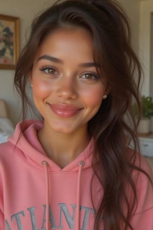 Generate a radiant, hyper-realistic portrait of a stunning teenager:

- Blended Black, Spanish, and White American heritage
- Standing in her cozy bedroom, sitting on her bed or in a chair
- Heart-shaped face, golden brown skin with a subtle tan
- Bright brown eyes, deep dimples, confident smile
- Smiling showcasing her Pearly whites, and deep dimples  small heart-shaped lips
- Thick, long, wavy hair (waist-length) in a ponytail
- Luscious curls, soft natural texture
- Sparkling eyes directly at the camera

Physique:
- 5'3", 125 lbs, 34" waist, B-cup bust
- Proportionate, fit body

Outfit:
- A hot pink hoodie with a cool print on it, light blue denim jeans
- Cute, teenage, normal girl design

Lighting:
- Soft, natural illumination

Quality:
- 16K equivalent resolution
- Photorealistic textures
- Razor-sharp edges
- Crystal-clear facial features
- Pin-sharp eyes
- Flawless skin rendering
- Advanced noise reduction
- HDR-like contrast
- Vibrant, lifelike colors
- Perfect focus, zero blur

Style: Ultra-realistic, cinematic, high-definition, masterpiece.

Additional keywords:
- High-res
- Ultra-detailed
- Photorealistic
- Sharp focus
- Crystal clarity
- Cinematic quality
- Radiant
- Glowing
- Luminous
- Highly detailed skin
- Intricately detailed hair"