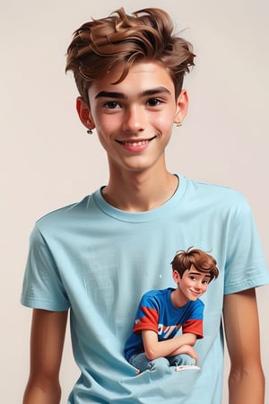 Clean Cartoon-brushstrokes Painting, crisp, simple, colored_lineart_illustration style, 1 boy, (21 years old), light skin, white, Italian brown, realism, cool, Nonchalant, full body, t-shirt, clothes, male model, pose, posing, photography, Instagram, selfie, smiling, short hair, swoop to the side, part on side, earring, handsome, quirky, innocent, masculine, hard, innocent, dimples, whimsical, happy, young, vibrant, cute, slender/skinny, muscles, body shape, normal size head, head that fits body, high quality, masterpiece ,3D