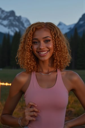 Generate an image of a stunning 18-year-old girl, blending White and Spanish heritage. Olive, goldfish skin tone. She has short, shoulder length, strawberry blonde, ginger, natural, Ed sheerans hair, curly, wavy hair, lush and vibrant, falling in loose waves down her back.

Setting:
- Outdoor: A serene mountain campsite at dusk, mountain view
- Soft, warm lighting with subtle shadows and twinkling string lights
- Tall trees surrounding a cozy clearing, with a crackling campfire and rustic wooden benches
- Camping gear and equipment subtly integrated into the scene

Physical Description:
- Fair skin with a subtle, sun-kissed glow, olive goldish skin tone
- Bright, expressive blue eyes
- Petite, thin,
- Smiling
- slim feminine beautiful exotic facial features 
- regular lips

Outfit:
- Comfortable, pastel pink fitted pastel top (flannel or fleece)
- Practical hiking leggings
- Warm, cozy cardigan

Style:
-Effortless, coastal chic
- Confident, carefree, innocent pose

Mood:
- Serene, joyful, and radiant
- Capturing the essence of a relaxed summer afternoon
Inspired by singer Tyla's vibrant energy and style, create a breathtaking image that embodies beauty, elegance, and a laid-back coastal vibe.