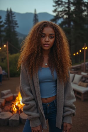 Generate an image of a stunning 18-year-old petite teenager, young, youth, child, kid, blending Black and Spanish heritage. She has fluffy curly golden brown hair, Type 4 hair, lush and vibrant, falling in loose waves down her back.

Setting:
- Outdoor: A serene mountain campsite at dusk, mountain view
- Soft, warm lighting with subtle shadows and twinkling string lights
- Tall trees surrounding a cozy clearing, with a crackling campfire and rustic wooden benches
- Camping gear and equipment subtly integrated into the scene

Physical Description:
- Fair skin with a subtle, sun-kissed glow
- Bright, expressive hazel eyes

Outfit:
- Comfortable, blue water-toned top (flannel or fleece)
- Practical leggings
- Warm, cozy cardigan 
- Sturdy hiking boots

Style:
-Effortless, coastal chic
- Confident, carefree, innocent pose

Mood:
- Serene, joyful, and radiant
- Capturing the essence of a relaxed summer afternoon
Inspired by singer Tyla's vibrant energy and style, create a breathtaking image that embodies beauty, elegance, and a laid-back coastal vibe.