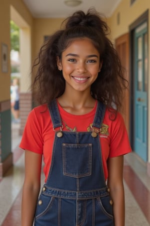 Blended Black, Spanish, and White American heritage - school, bright and colorful halls - Heart-shaped face, golden brown skin with a subtle tan - Bright brown eyes, deep dimples, confident smile - Pearly whites, small heart-shaped lips - Thick, long, wavy hair (waist-length) in a ponytail - Luscious curls, soft natural texture - Sparkling eyes directly at the camera Physique: - 5'3", 125 lbs, 34" waist, B-cup bust - Proportionate, fit body Outfit: - bright red shirt with dark blue denim jean jumper skirt - Cute, teenage,