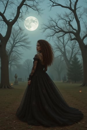 Capture a candid photo of a stunning 18-year-old girl, year-old petite teenager, young, youth, child, kid, blending Black and Spanish heritage. She has fluffy curly brown hair, Type 4 hair, lush and vibrant, long curly hair, middle part. 

"A hauntingly beautiful ghostly widow stands amidst a moonlit, abandoned cemetery, surrounded by crumbling headstones and twisted, gnarled trees. Her long, flowing black dress billows in the wind, with delicate, lace trim shimmering like spider silk.

Intricate details:

- Delicate, silver-encrusted locket containing a faded photo
- Black veil framing her porcelain face, with tears etched into her cheeks
- Ghostly, translucent roses woven into her hair
- Tiny, glowing lanterns scattered at her feet

Setting:

- Forgotten, rural cemetery, with overgrown grass and vines claiming the gravestones
- Soft, eerie fog rolls in, shrouding the scene in mystery

Artistic style:

- Inspired by WLOP and Craola, blending dark fantasy and Gothic romance
- Hyperrealistic, ultra-detailed, and luminous, with film grain texture
- Cinematic quality, sharp focus, and crystal clarity

Mood:

- Haunting, mystical, and melancholic, with a touch of supernatural longing