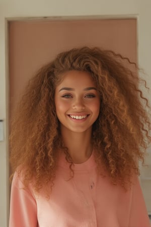 Capture a candid photo of a stunning 18-year-old girl, year-old petite teenager, young, youth, child, kid, blending Black and Spanish heritage. She has fluffy curly brown hair, Type 4 hair, lush and vibrant, long curly hair, part in middle of head. taking a selfie in a public restroom mirror.

*Setting:*
- Natural light (near a window or outside)
- Soft, pastel-colored background (optional)
- Minimal distractions
- conservative area, with American flags

*Pose:*
- Relaxed, slight smile
- Chin slightly tilted up
- Shoulders back, confident posture
- Hair styled naturally

*Expression:*
- Genuine, warm smile
- Sparkling eyes
- Subtle, natural makeup (optional)

*Style Influences:*
- Soft focus or subtle filter
- Natural colors and lighting
- Authentic, effortless vibe

*Outfit*
- pastel pink button shirt

*Capture:*
- A moment of self-love and confidence
- A glimpse of your personality
- A beautiful, smiling showing off her teeth. Make the teeth realistic please.

*Figure*
-Average
5’3”, 115lbs