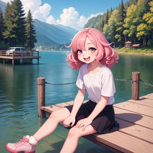 a beautiful girl with pink hair.curls. laughing, smiling, laughing, sitting on the pier. against the background of the lake. stylization,hyperdetalization,16k,fluffy