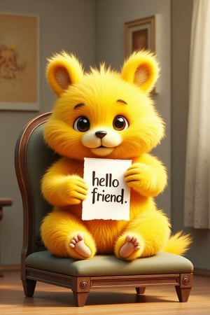 A beautiful yellow animal sitting on a chair and holding a piece of paper with its paws, "hello friend" is written on the paper in ink