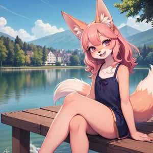a beautiful fox with pink hair.curls. laughing, smiling, laughing, sitting on the pier. against the background of the lake. stylization,hyperdetalization,16k,fluffy